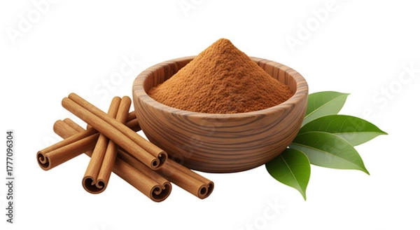 Fototapeta Ground cinnamon in wooden bowl with cinnamon sticks and green leaves isolated PNG