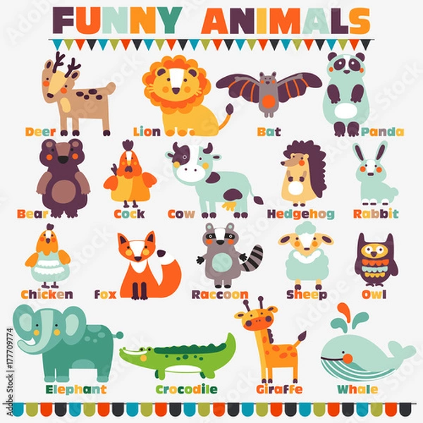 Fototapeta Big funny animal set in bright colors made of wild and domestic animals with their names written beside them