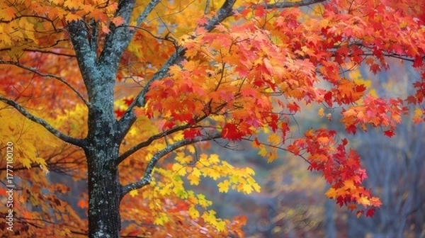 Fototapeta Autumn leaves in shades of red and yellow hang from branches