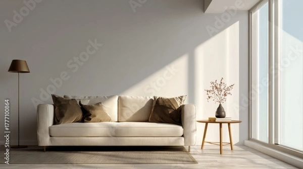 Fototapeta Interior view of a minimalist living room featuring a sofa lamp and side table