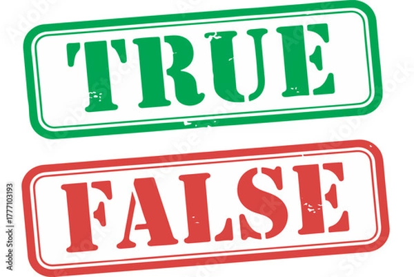 Fototapeta Red and Green True and False rubber stamp labels isolated on white background for decision making
