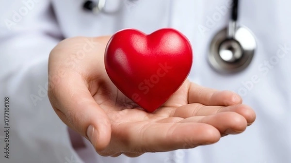 Fototapeta A healthcare professional holds a vibrant red heart symbolizing care, compassion, and commitment to patient health, emphasizing the importance of heart health and emotional well-be