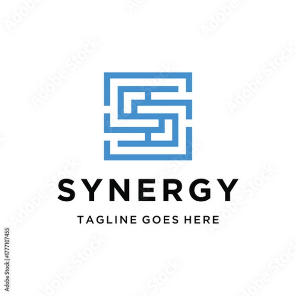 Fototapeta Modern Initial Letter S with abstract blue square Geometric Maze Pattern for corporate branding technology or problem-solving logo design