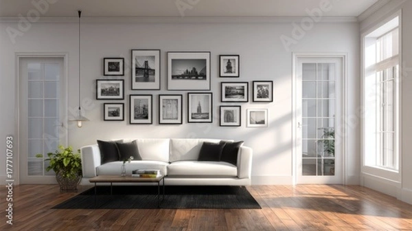 Fototapeta Bright living room features a white sofa gallery wall with black and white photos and a wooden floor