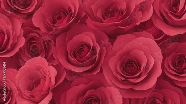 Fototapeta Close up view of multiple open red roses densely packed creating an all over floral pattern