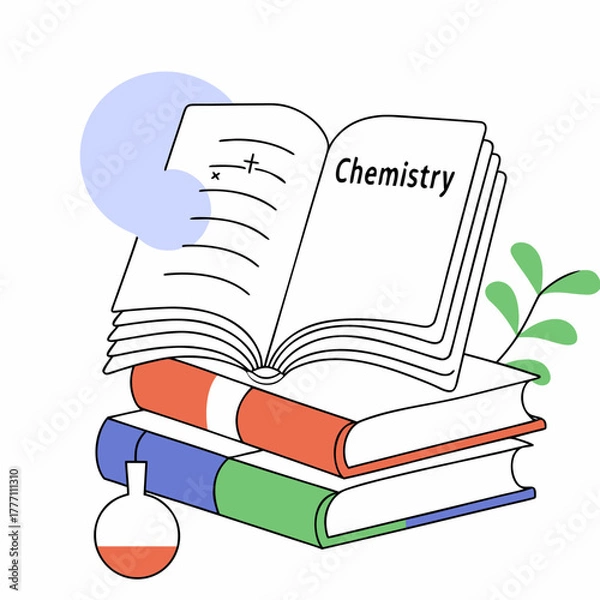 Fototapeta Stack of Chemistry Books With Open Pages and Lab Flask
