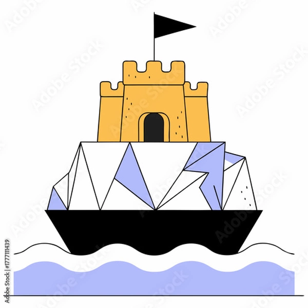 Fototapeta Surreal boat carrying a sandcastle atop an iceberg