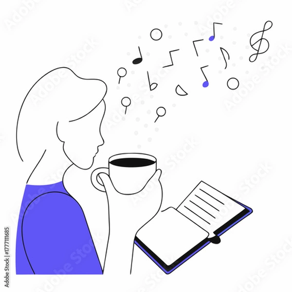 Fototapeta Woman drinks coffee and reads book with music notes