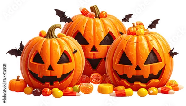 Fototapeta Carved Halloween pumpkins surrounded by candy and bats