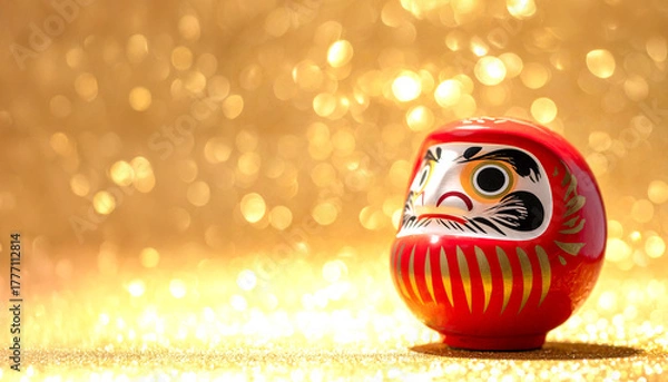 Obraz 赤い達磨と金運が上がりそうなキラキラゴールド背景　AI生成画像
