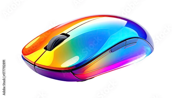 Fototapeta Gleaming rainbow computer mouse on black, side angled view