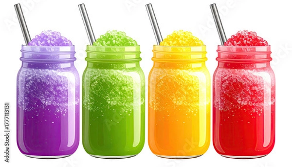 Fototapeta Row of colorful, frosty drinks in glass jars, with metal straws