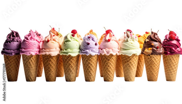 Fototapeta Row of colorful ice cream cones with cherries and sprinkles