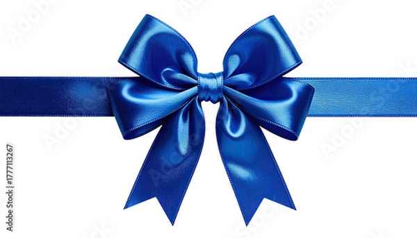 Fototapeta Satin blue ribbon bow centered on a horizontal ribbon strand