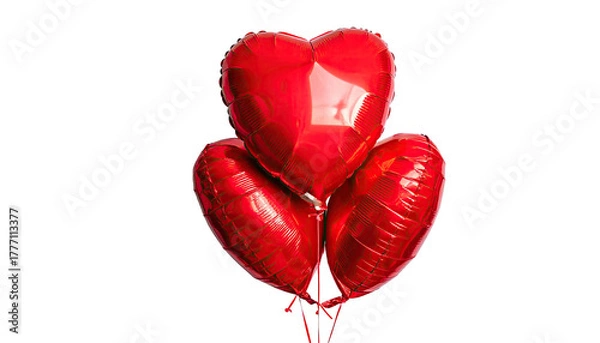 Fototapeta Three red, metallic heart-shaped balloons against black