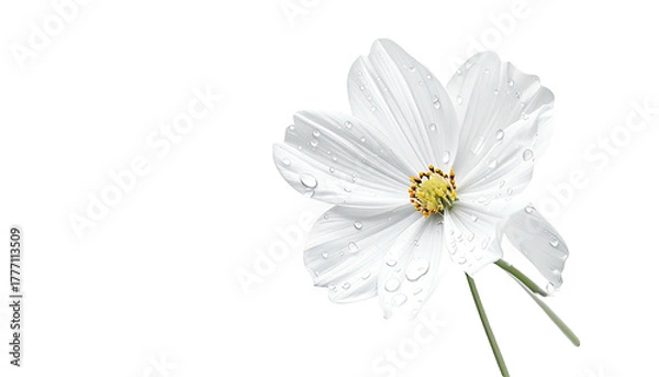Fototapeta White flower with water droplets, centered right