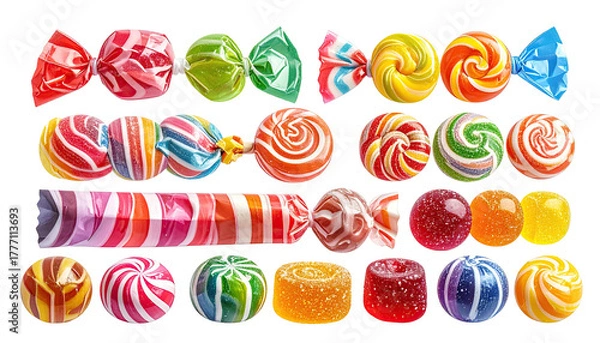 Fototapeta Assorted wrapped candies in varied colors and striped designs