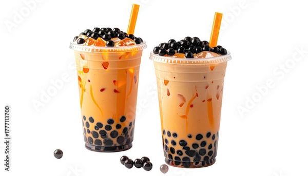 Fototapeta Two bubble teas, vibrant orange color, and black boba pearls