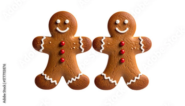 Fototapeta Two gingerbread men cookies, decorated. Black background