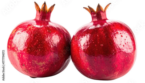 Fototapeta Pair of pomegranates, ripe, red, and textured on a black backdrop