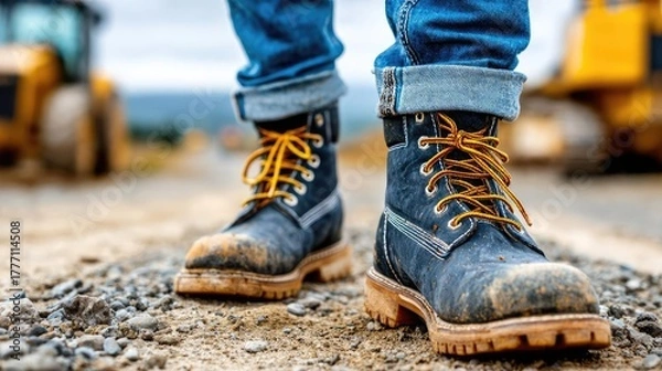 Fototapeta Close-up of steel-toe boots on active job site concept. Close-up of safety boots on a construction site, showcasing durability.