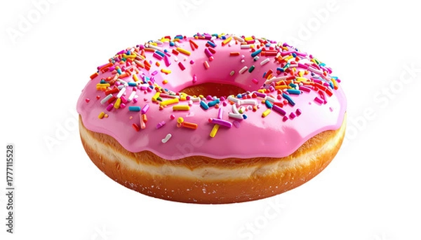 Fototapeta Pink frosted donut covered in sprinkles against a black backdrop