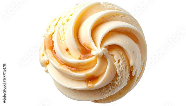 Fototapeta Swirled ice cream scoop drizzled with caramel syrup, top view