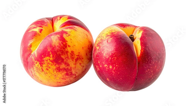 Fototapeta Two ripe, red, and yellow nectarines sit side-by-side