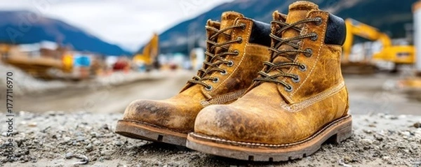 Fototapeta Close-up of steel-toe boots on active job site concept. A pair of sturdy work boots on a construction site in nature.