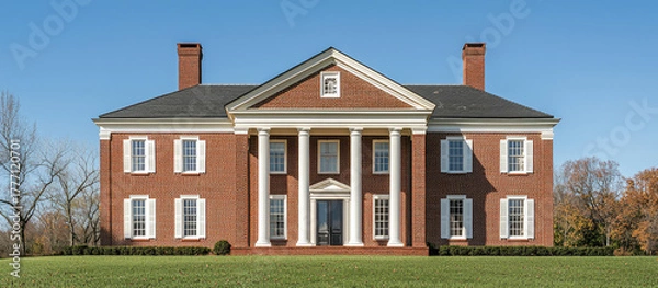 Obraz Classic brick colonial mansion with grand columns and manicured lawn – AI Generative