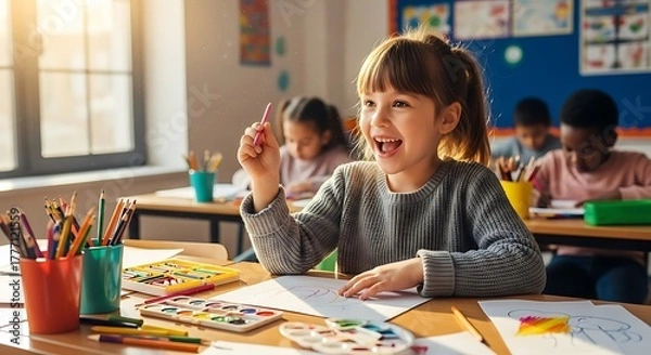Fototapeta Enthusiastic female student enjoying an art project at a wooden desk with a full set of bright coloring tools