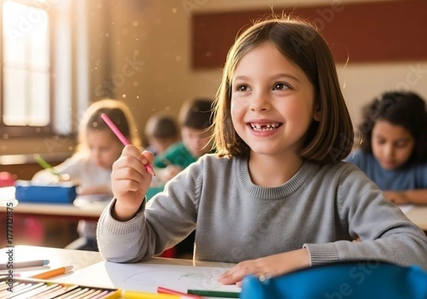 Obraz Enthusiastic female student enjoying an art project at a wooden desk with a full set of bright coloring tools