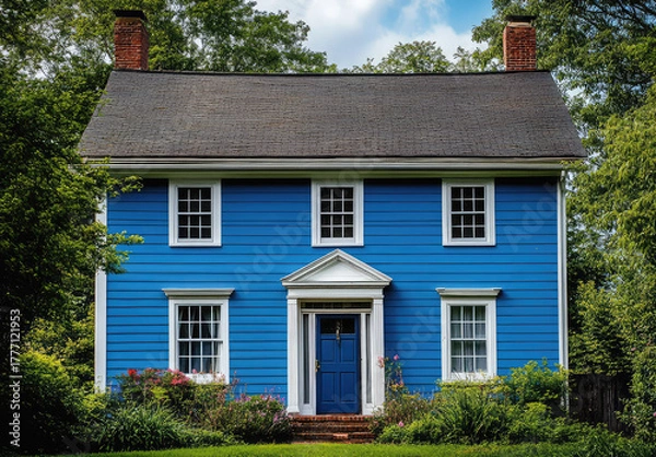 Obraz Beautiful blue colonial house with classic front porch and well-maintained garden, creating a welcoming atmosphere – AI Generative.