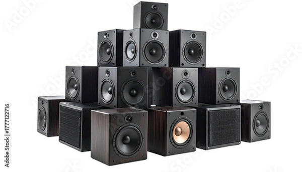 Fototapeta Speaker stack. Audiophile gear pyramid on black background