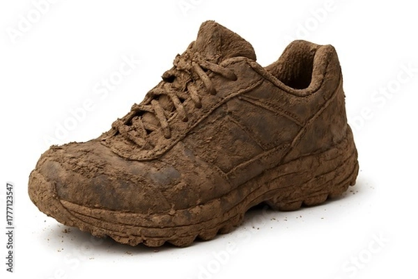 Fototapeta A mud-covered sneaker on a white backdrop.