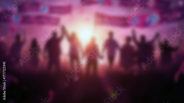 Fototapeta Abstract Blurred Crowd Celebration with Raised Hands and Glowing Light. Generative AI.