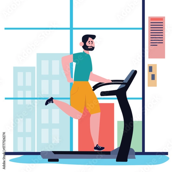 Fototapeta Man on a treadmill at the gym vector cartoon illustration
