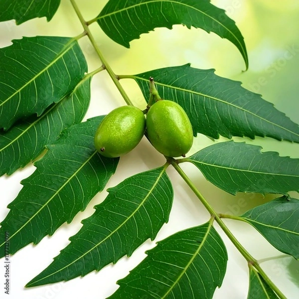 Fototapeta Two unripe fruits on a branch with vibrant green leaves against a blurred background