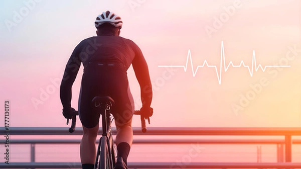 Obraz Cyclist riding across a bridge with heartbeat lines in the sky, representing the steady rhythm of fitness and cycling
