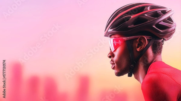 Obraz Cyclist wearing a helmet with a visible heartbeat monitor, speeding through a vibrant cityscape, representing fitness and cycling passion