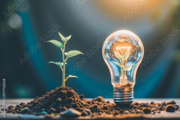 Fototapeta A glowing light bulb with a sprout growing inside next to a young plant in soil, symbolizing sustainability, green innovation, and eco-friendly ideas for future growth and development.