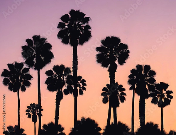 Obraz palm trees at sunset silhouettes, Ai generated