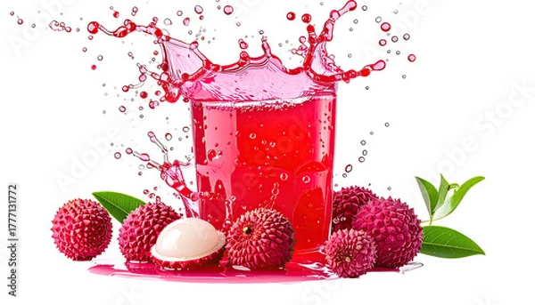 Fototapeta Lychee drink splashes in glass surrounded by fruit