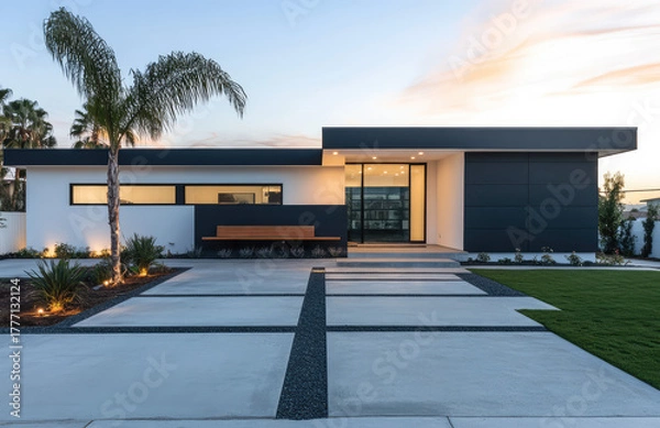 Obraz Modern Minimalist Exterior Design of a Luxury Home with Clean Lines, Large Windows, and Palm Trees – AI Generative Architecture, Sleek Contemporary Villa