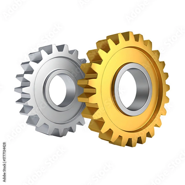 Fototapeta Interlocked silver and gold gears on a black backdrop