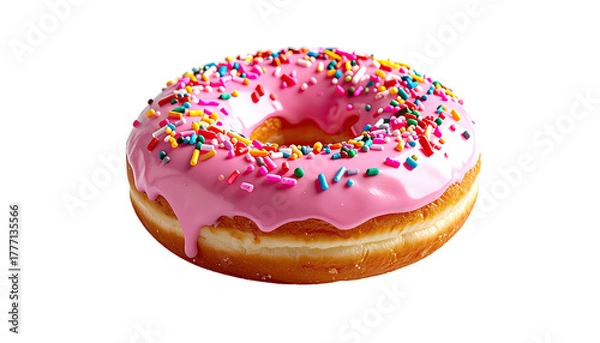 Fototapeta Pink glazed doughnut with rainbow sprinkles on black background