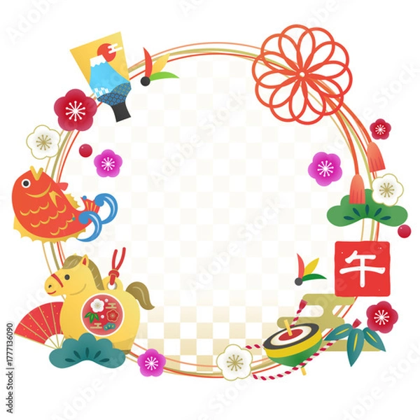 Obraz 文字なし　円形の輪飾りに干支の午と正月の縁起物を描いたカットイラスト / 2026年　午年