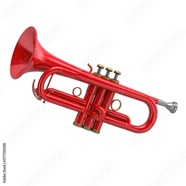 Fototapeta Shiny, red trumpet with valves, floating on black