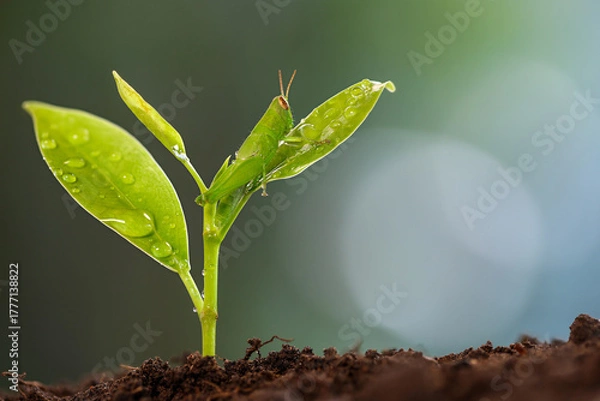 Fototapeta Small green grasshopper on a young tree with a blurred bokeh background. Close-up photo