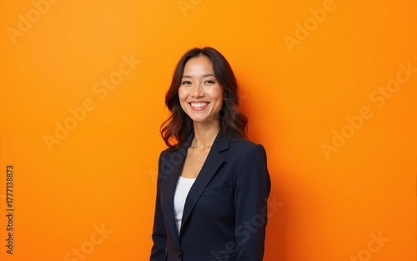 Fototapeta Smiling Business Woman with Tailored Suite standing on orange plain background with Generative AI. High quality